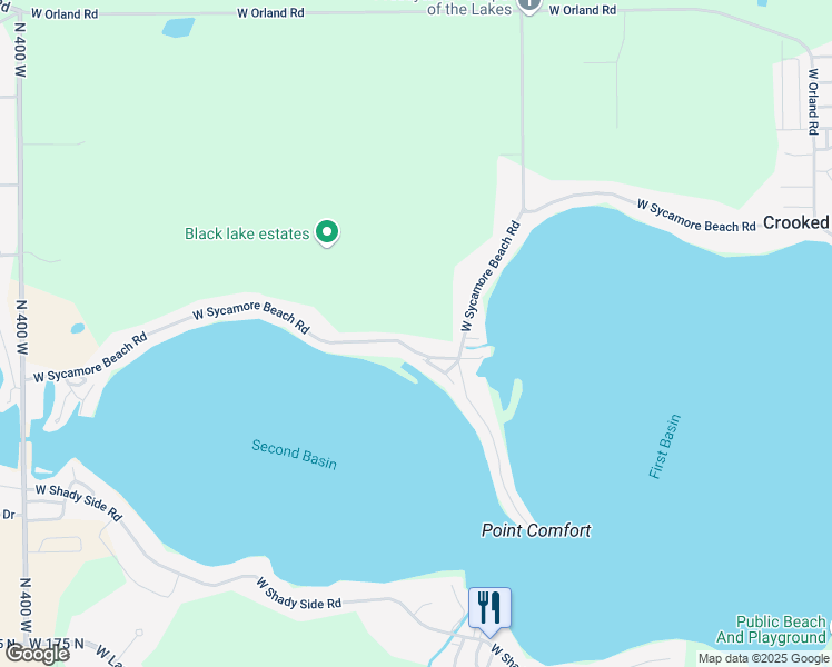 map of restaurants, bars, coffee shops, grocery stores, and more near 3316-3364 West Sycamore Beach Road in Angola