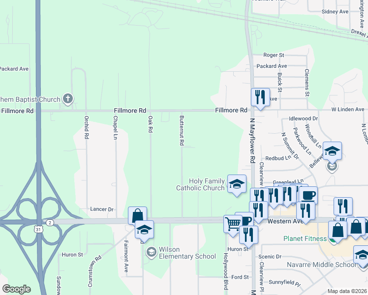map of restaurants, bars, coffee shops, grocery stores, and more near 56208 Butternut Road in South Bend