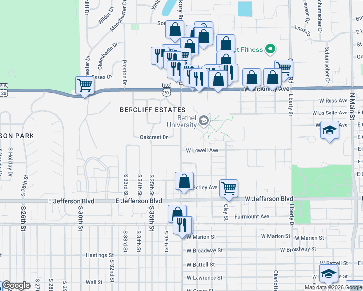 map of restaurants, bars, coffee shops, grocery stores, and more near 3698 E Washington St in South Bend