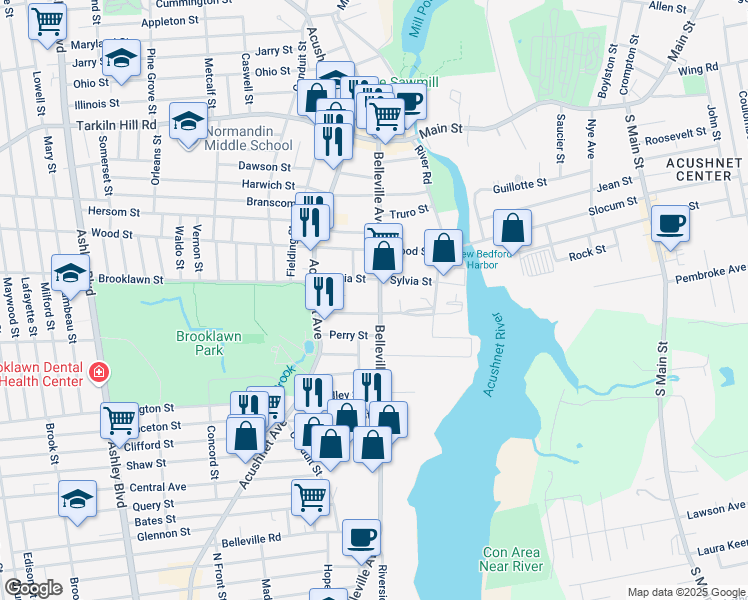 map of restaurants, bars, coffee shops, grocery stores, and more near 789 Belleville Avenue in New Bedford