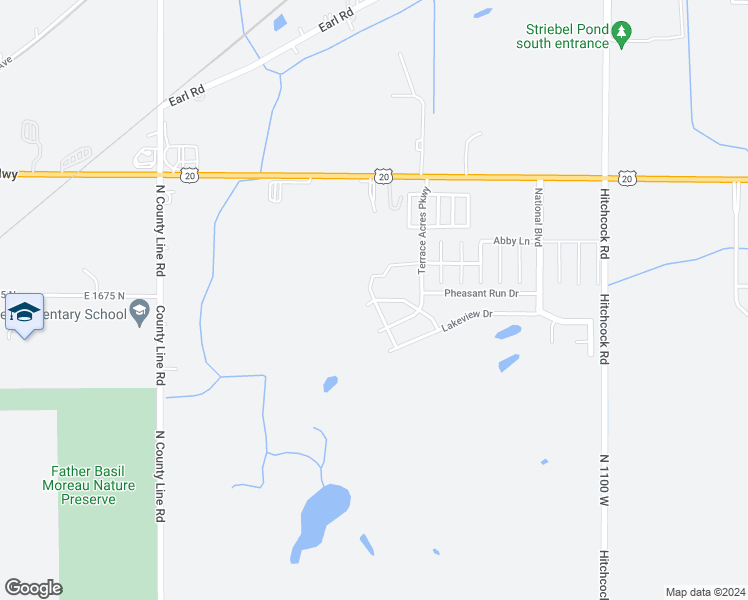 map of restaurants, bars, coffee shops, grocery stores, and more near Fox Point Drive in Michigan City