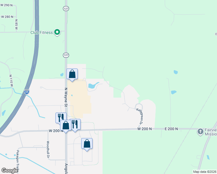 map of restaurants, bars, coffee shops, grocery stores, and more near 3400 Kellygreen Drive in Angola