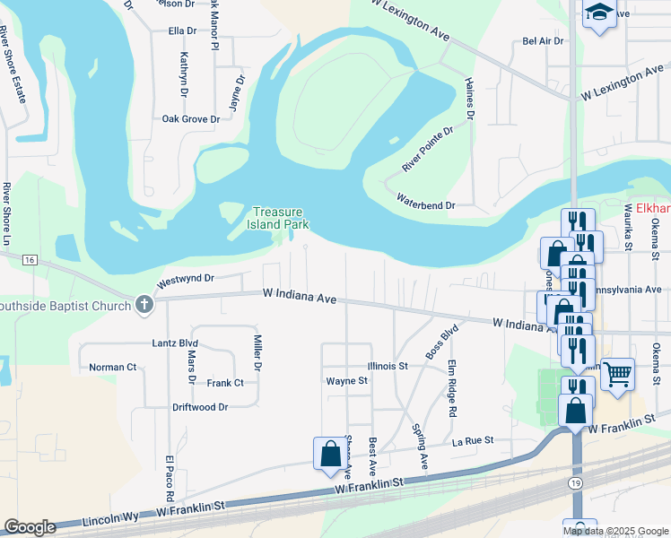 map of restaurants, bars, coffee shops, grocery stores, and more near 56311 Shore Drive in Elkhart