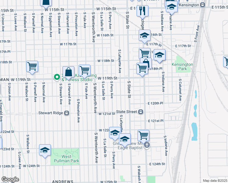 map of restaurants, bars, coffee shops, grocery stores, and more near 11947 South Perry Avenue in Chicago