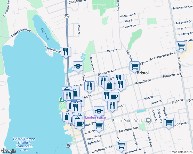 map of restaurants, bars, coffee shops, grocery stores, and more near 43 Monroe Avenue in Bristol