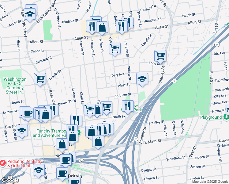 map of restaurants, bars, coffee shops, grocery stores, and more near 70 Oak Street in New Britain