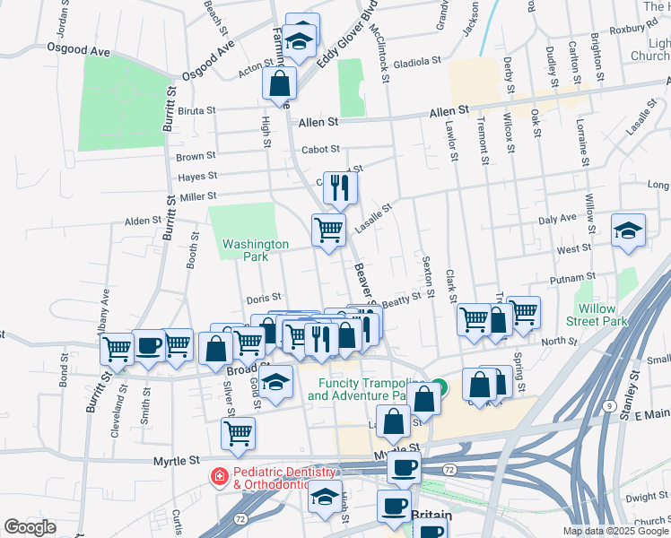 map of restaurants, bars, coffee shops, grocery stores, and more near 295 High Street in New Britain