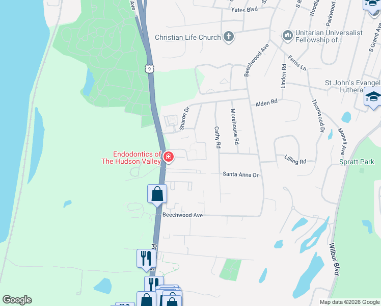 map of restaurants, bars, coffee shops, grocery stores, and more near 15 Field Court in Poughkeepsie