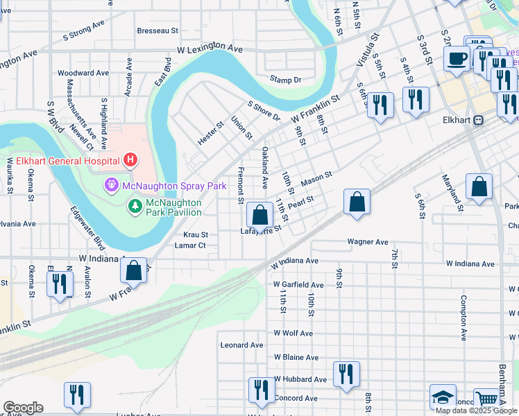 map of restaurants, bars, coffee shops, grocery stores, and more near 806 Fremont Street in Elkhart