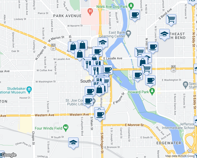 map of restaurants, bars, coffee shops, grocery stores, and more near in South Bend