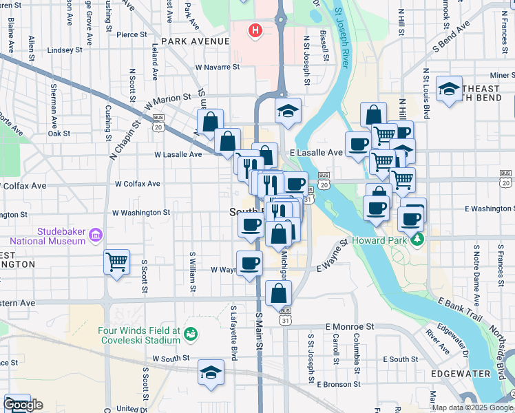 map of restaurants, bars, coffee shops, grocery stores, and more near in South Bend