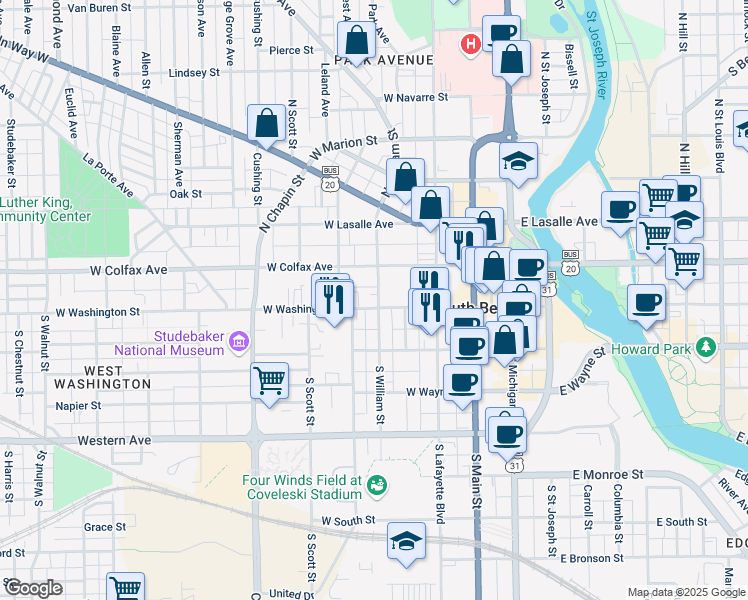 map of restaurants, bars, coffee shops, grocery stores, and more near 420 West Washington Street in South Bend