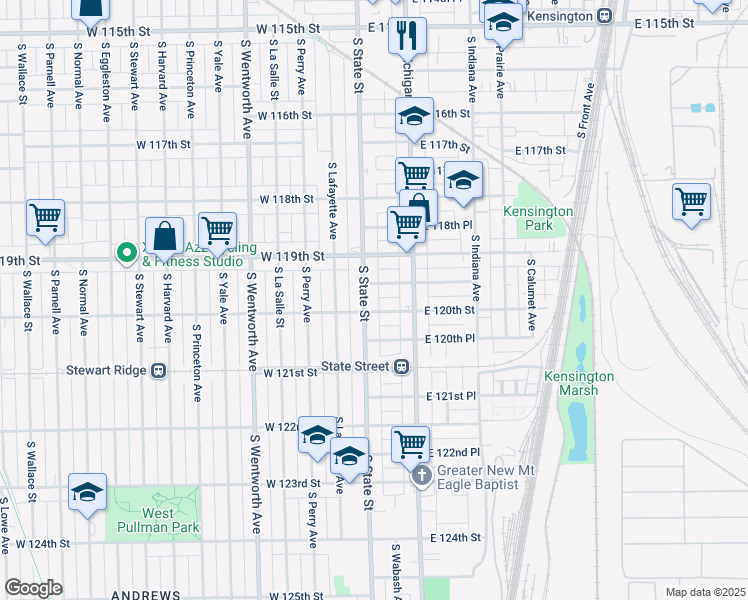 map of restaurants, bars, coffee shops, grocery stores, and more near 12005 South State Street in Chicago