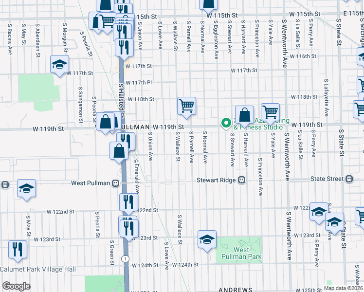 map of restaurants, bars, coffee shops, grocery stores, and more near 537 West 120th Street in Chicago