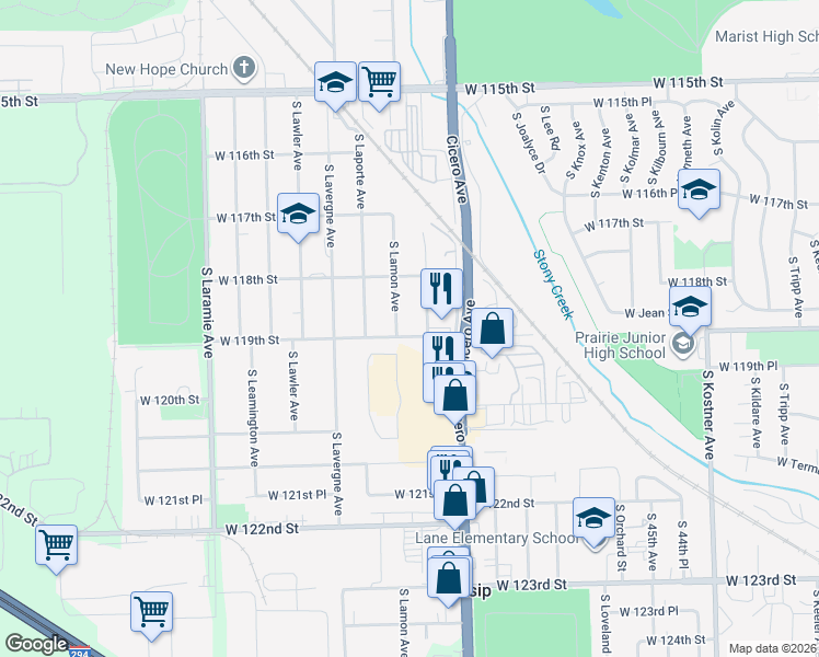 map of restaurants, bars, coffee shops, grocery stores, and more near 4839 West 119th Street in Alsip