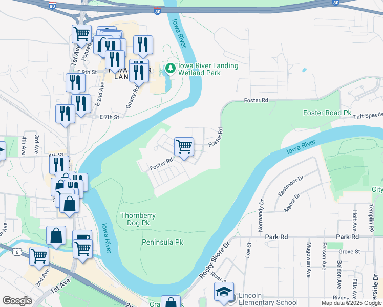 map of restaurants, bars, coffee shops, grocery stores, and more near 1093 Walker Circle in Iowa City
