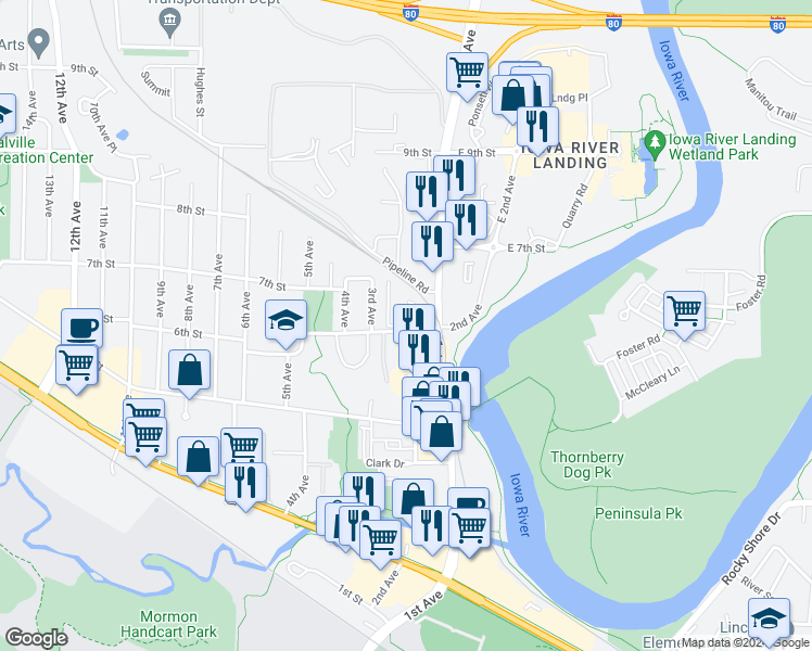 map of restaurants, bars, coffee shops, grocery stores, and more near 200 6th Street in Coralville
