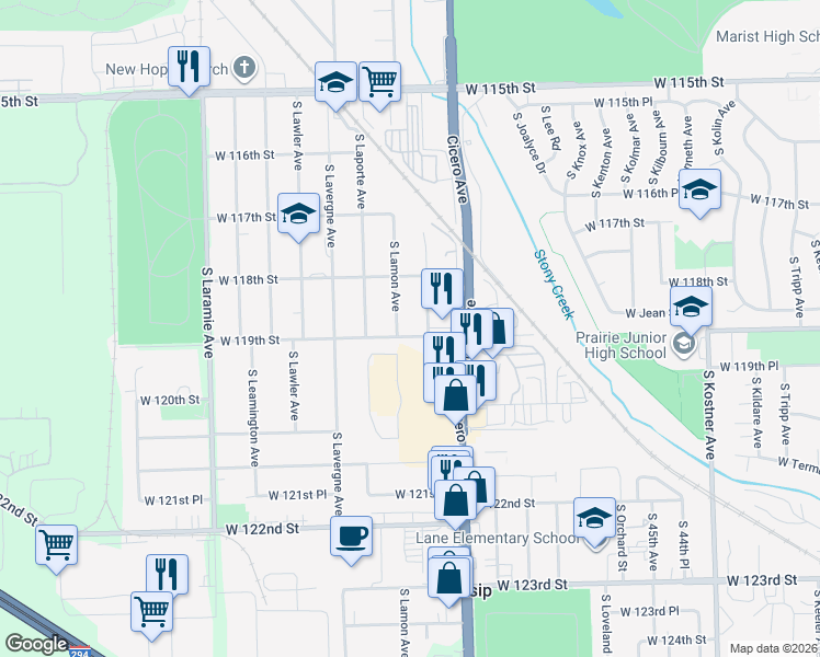 map of restaurants, bars, coffee shops, grocery stores, and more near 4839 West 119th Street in Alsip