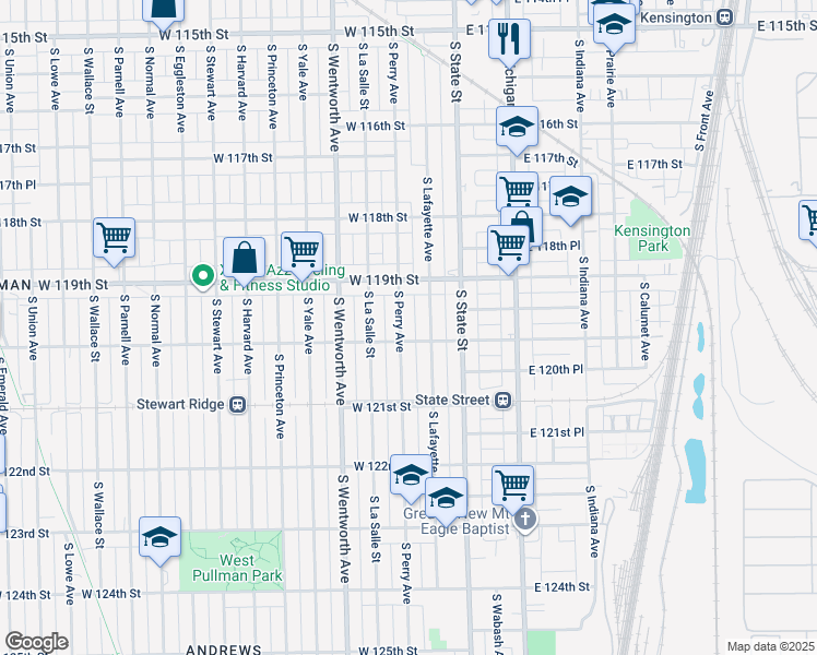 map of restaurants, bars, coffee shops, grocery stores, and more near 11947 South Perry Avenue in Chicago