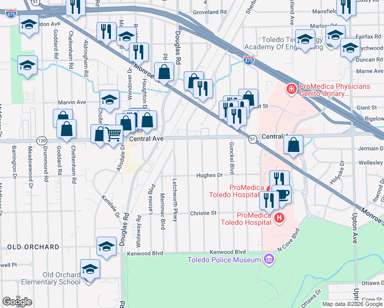 map of restaurants, bars, coffee shops, grocery stores, and more near 2924 Sherbrooke Road in Toledo