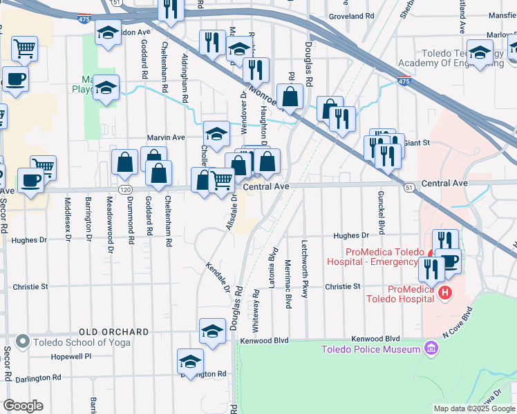 map of restaurants, bars, coffee shops, grocery stores, and more near 2941 Haughton Drive in Toledo