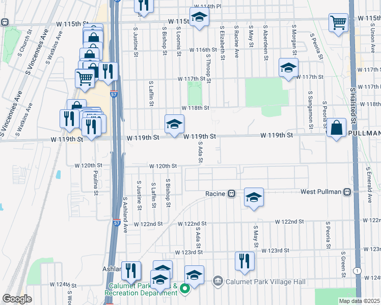 map of restaurants, bars, coffee shops, grocery stores, and more near 1249 West 119th Street in Chicago