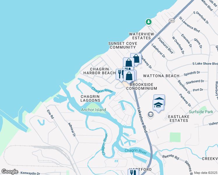 map of restaurants, bars, coffee shops, grocery stores, and more near 122 Forest Drive in Eastlake