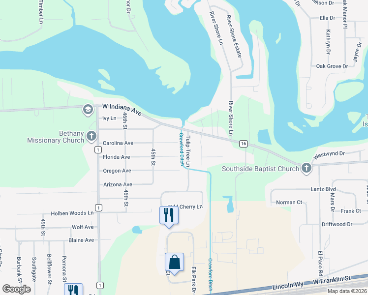 map of restaurants, bars, coffee shops, grocery stores, and more near 56333 Tulip Tree Lane in Elkhart