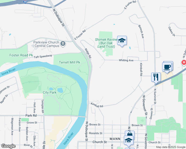 map of restaurants, bars, coffee shops, grocery stores, and more near 100 Mayflower Hall in Iowa City