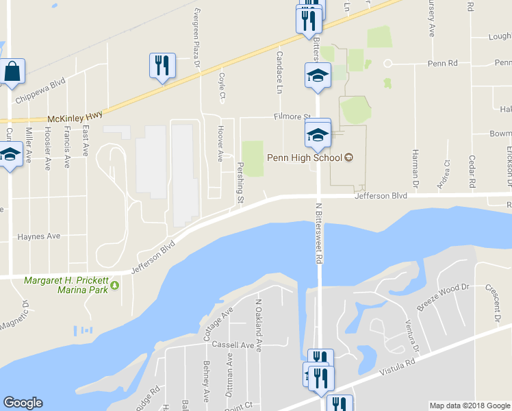 map of restaurants, bars, coffee shops, grocery stores, and more near 12704 Jefferson Road in Mishawaka