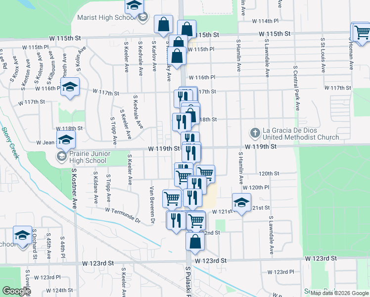 map of restaurants, bars, coffee shops, grocery stores, and more near S Pulaski Rd & 119th St in Alsip