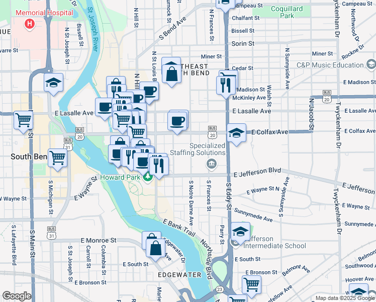 map of restaurants, bars, coffee shops, grocery stores, and more near 825 East Washington Street in South Bend