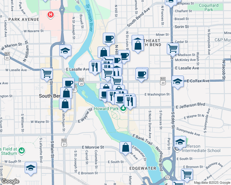 map of restaurants, bars, coffee shops, grocery stores, and more near 109 North Hill Street in South Bend