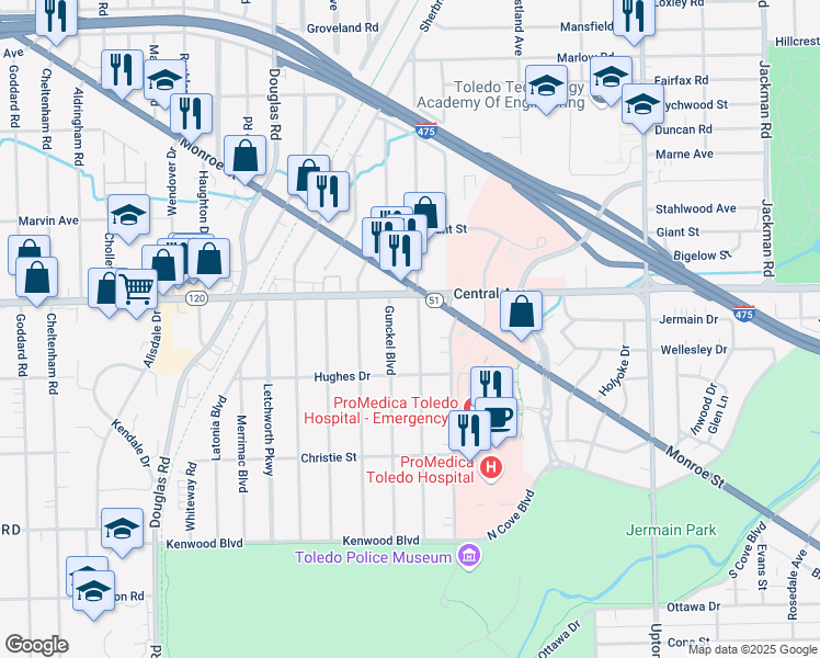 map of restaurants, bars, coffee shops, grocery stores, and more near 2920 Northwood Avenue in Toledo