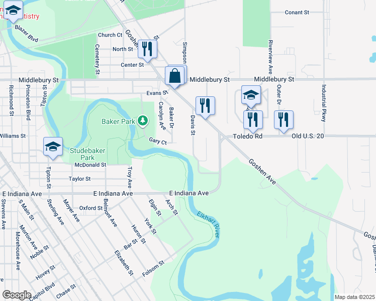 map of restaurants, bars, coffee shops, grocery stores, and more near 1227 Davis Street in Elkhart