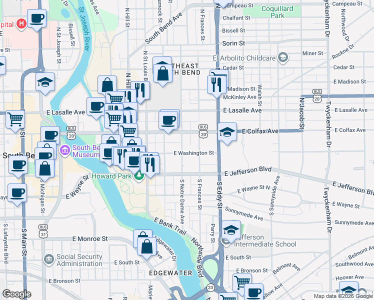 map of restaurants, bars, coffee shops, grocery stores, and more near 112 South Notre Dame Avenue in South Bend