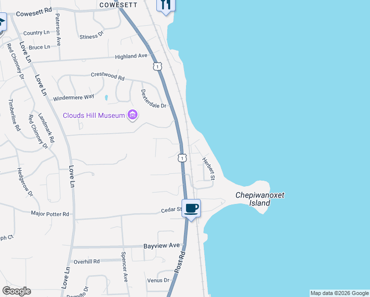 map of restaurants, bars, coffee shops, grocery stores, and more near 4226 Post Road in East Greenwich