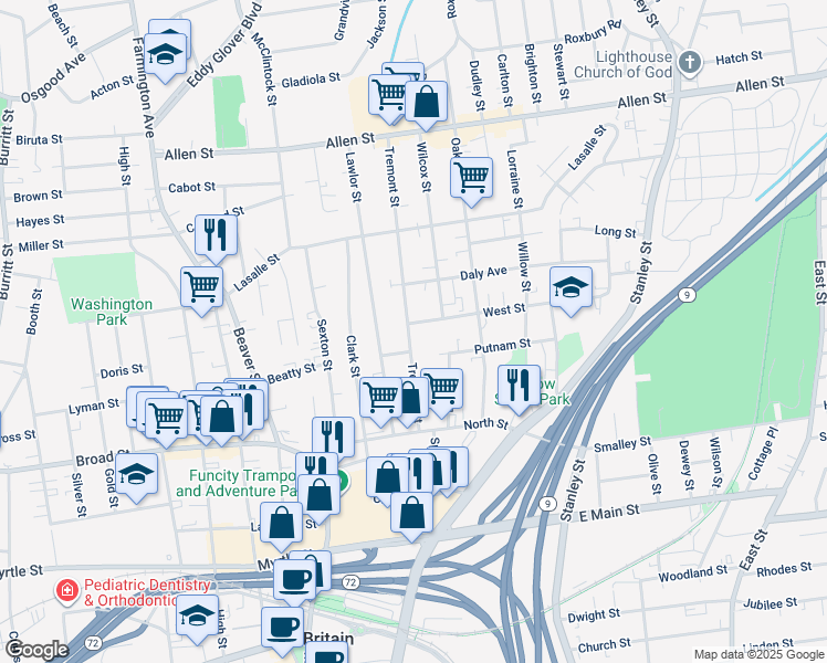 map of restaurants, bars, coffee shops, grocery stores, and more near 9 East Lawlor Street in New Britain