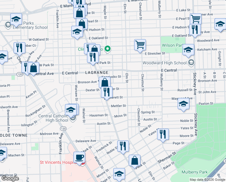 map of restaurants, bars, coffee shops, grocery stores, and more near 232 Everett Street in Toledo