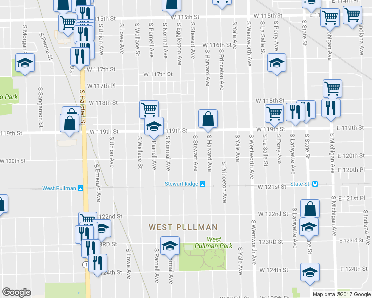 map of restaurants, bars, coffee shops, grocery stores, and more near 12001 South Eggleston Avenue in Chicago