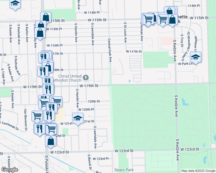 map of restaurants, bars, coffee shops, grocery stores, and more near 11941 South Millard Avenue in Alsip