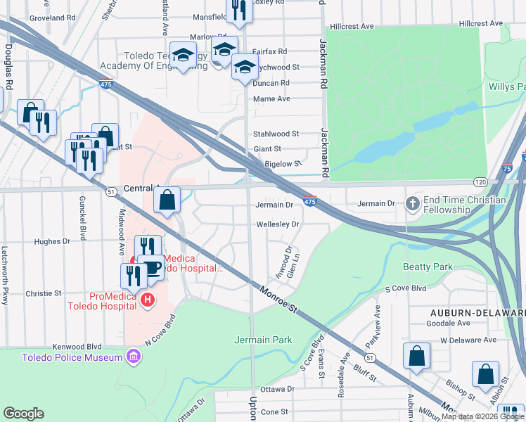 map of restaurants, bars, coffee shops, grocery stores, and more near 1821 Wellesley Drive in Toledo