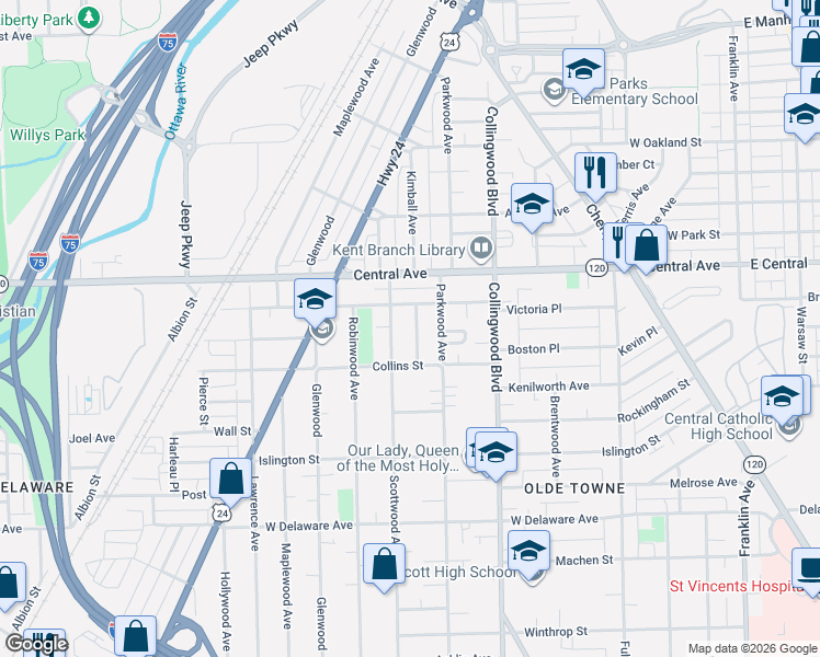 map of restaurants, bars, coffee shops, grocery stores, and more near 2844 Scottwood Avenue in Toledo