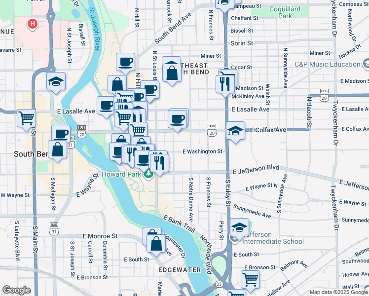 map of restaurants, bars, coffee shops, grocery stores, and more near 819 East Washington Street in South Bend