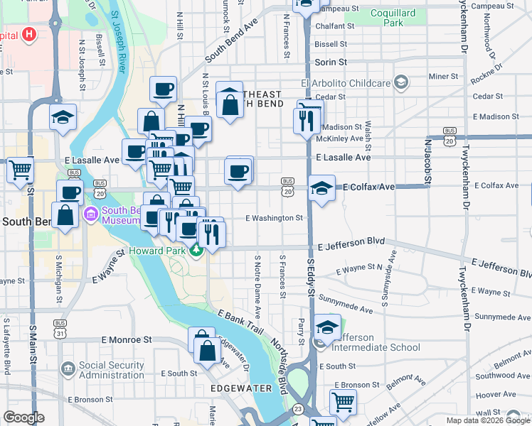 map of restaurants, bars, coffee shops, grocery stores, and more near 112 South Notre Dame Avenue in South Bend