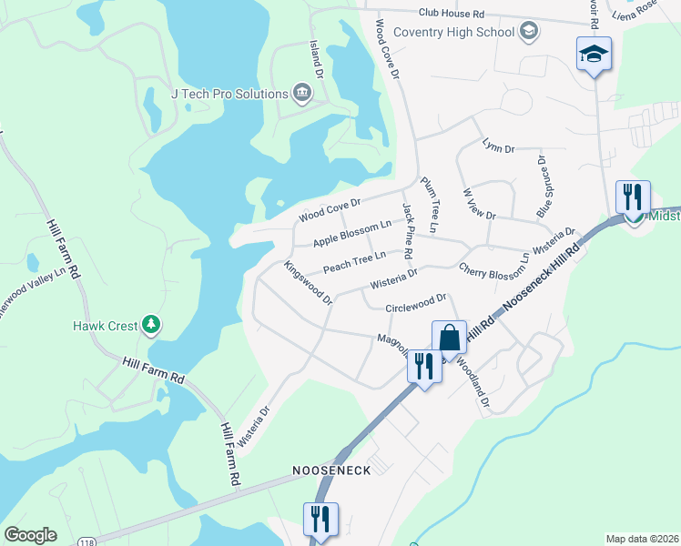 map of restaurants, bars, coffee shops, grocery stores, and more near 60 Wisteria Drive in Coventry