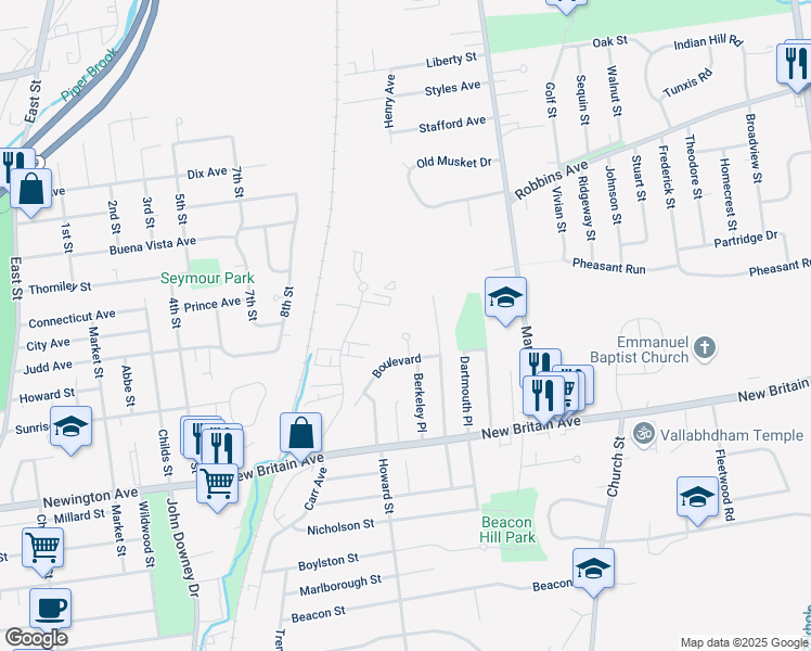 map of restaurants, bars, coffee shops, grocery stores, and more near 9 Berkeley Circle in Newington