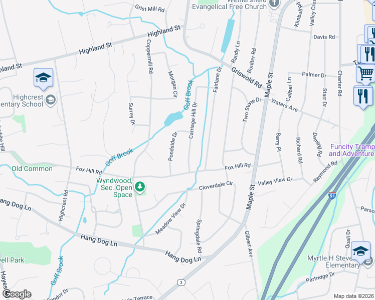 map of restaurants, bars, coffee shops, grocery stores, and more near 170 Carriage Hill Drive in Wethersfield