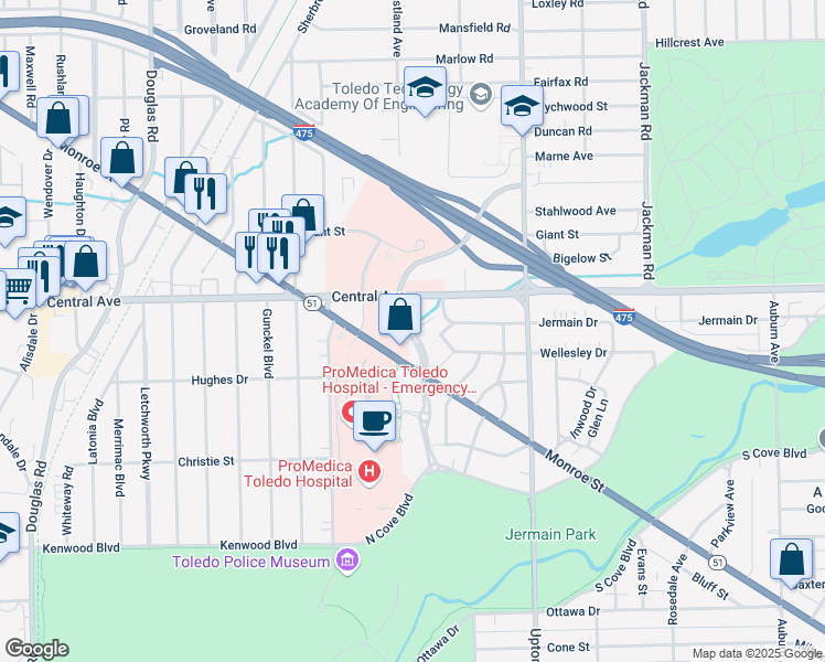 map of restaurants, bars, coffee shops, grocery stores, and more near 2926 ProMedica Parkway in Toledo
