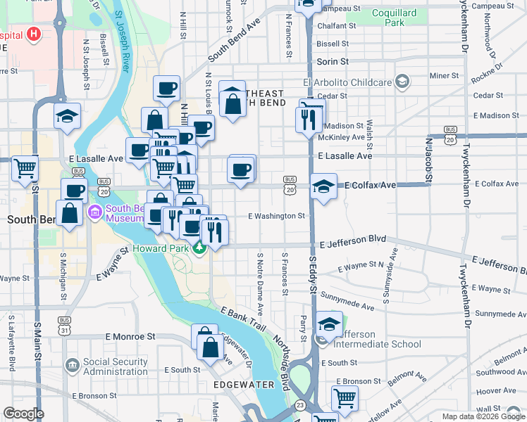 map of restaurants, bars, coffee shops, grocery stores, and more near 112 South Notre Dame Avenue in South Bend